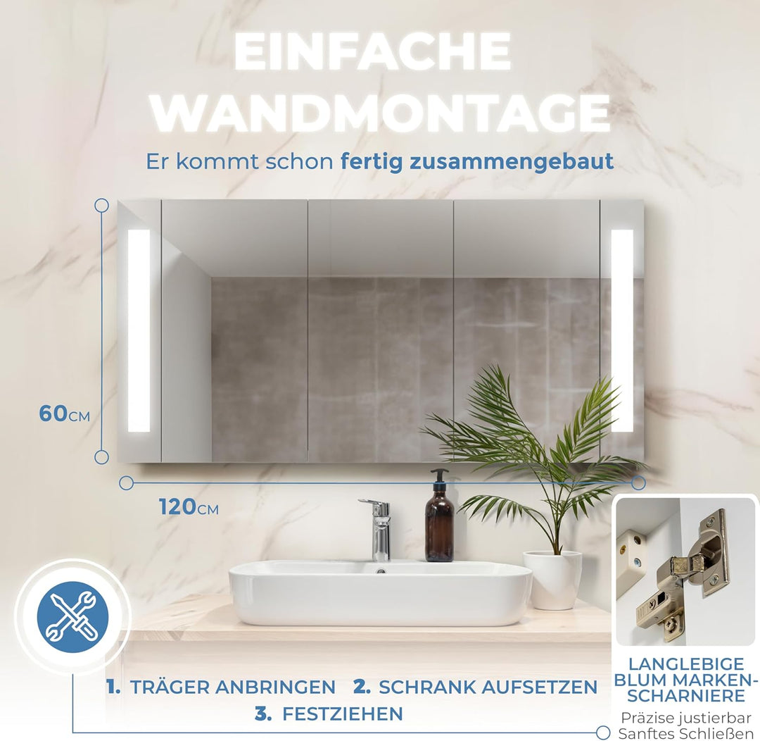 HAPA Design Bad Spiegelschrank mit Beleuchtung und Steckdose Venedig. Austauschbare LED Beleuchtung