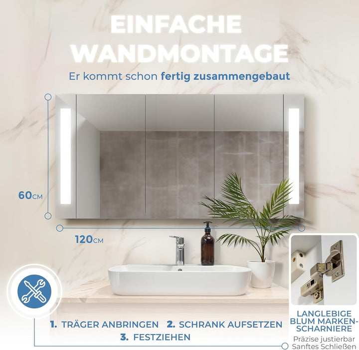 HAPA Design Bad Spiegelschrank mit Beleuchtung und Steckdose Venedig. Austauschbare LED Beleuchtung