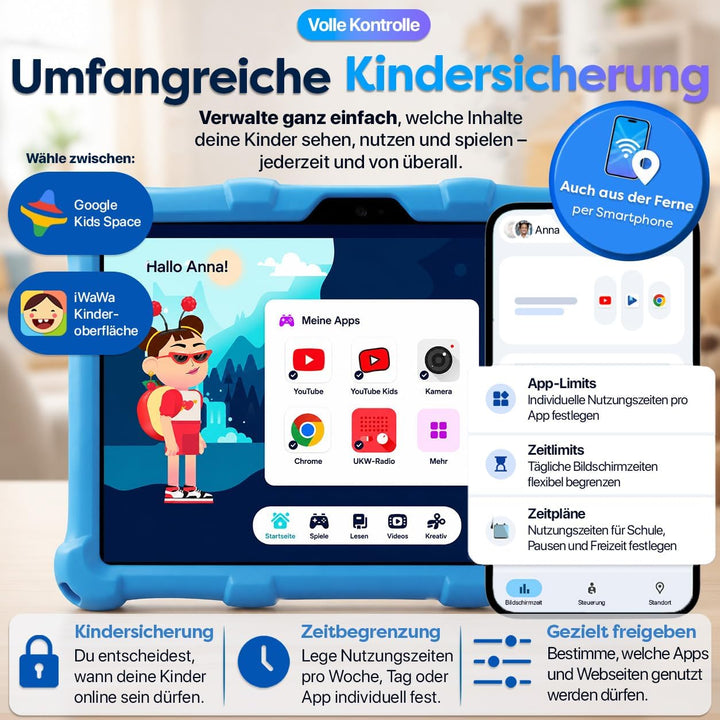 AngelTech Tablet Touchscreen für Kinder XL Pro II – 10 Zoll HD – 4 + 3 GB RAM – 64 + 128 GB ROM – Oc