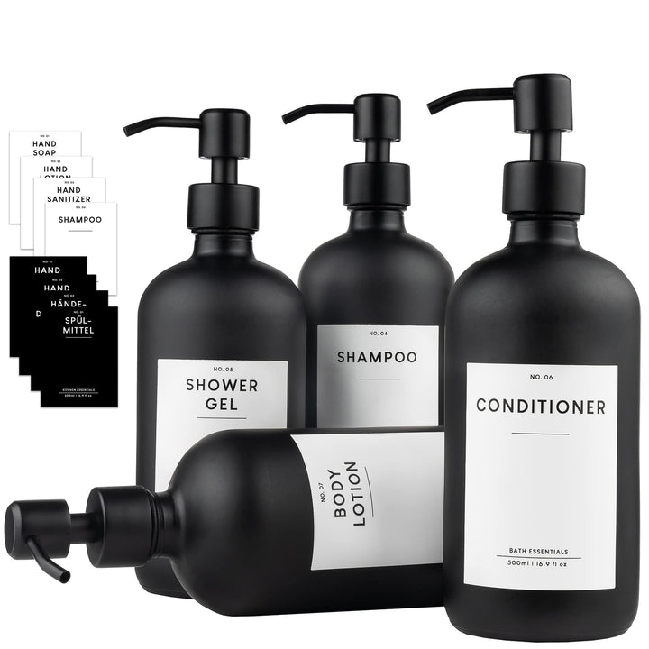 MONOKO 4er Set Seifenspender Schwarz Matt aus Glas | 500ml Shampoo Flaschen zum Befüllen | Spülmitte