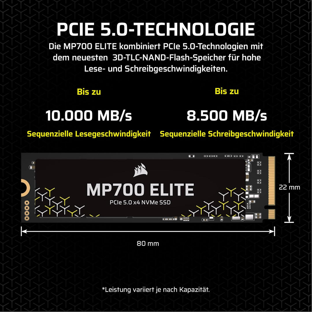 Corsair MP700 Elite 2TB PCIe 5.0 x4 NVMe M.2 SSD – Bis zu 10,000MB/sec – Hohe Dichte 3D TLC NAND – M