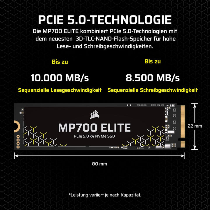 Corsair MP700 Elite 2TB PCIe 5.0 x4 NVMe M.2 SSD – Bis zu 10,000MB/sec – Hohe Dichte 3D TLC NAND – M