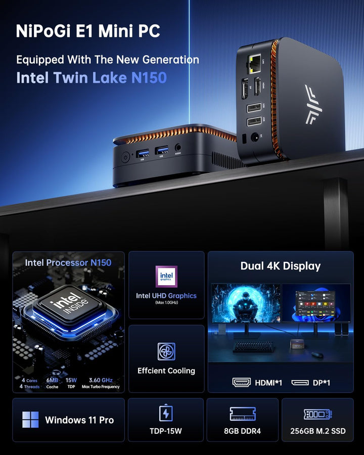 NiPoGi Essenx E1 Mini PC W-11 PRO Ιntel Twin Lake N150(Besser als N100) 8 GB RAM 256 GB M.2 SSD, Min