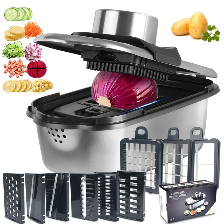 Dicer Smart 9-in-1, Edelstahl Gemüseschneider Und Mandoline Gemüsehobel Set (11 Teile), Julienne- un