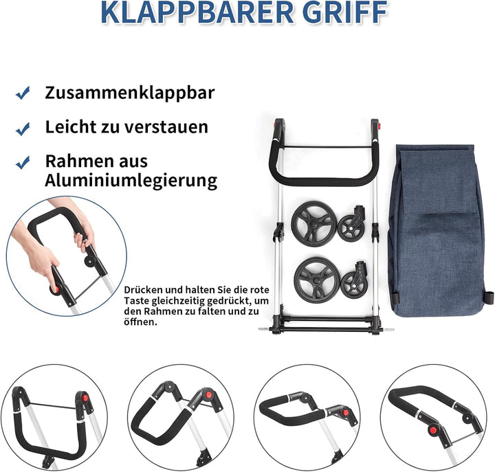 Einkaufstrolley, 46L Trolly Einkaufswagen Klappbar, 4 Rädern Aluminium Leichtgewicht Einkaufstrolley