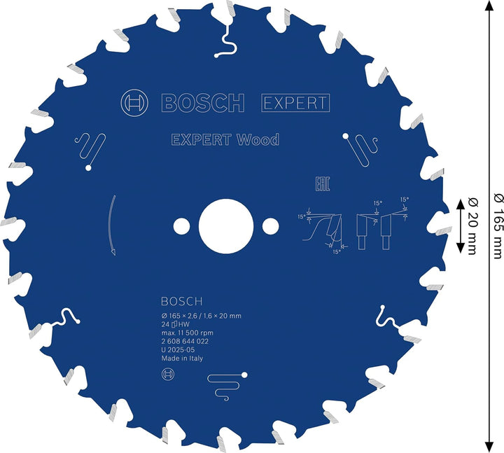 Bosch Professional 1x Kreissägeblatt Expert for Wood (Holz, Sägeblatt Ø 165 x 20 x 2,6 mm, 24 Zähne,