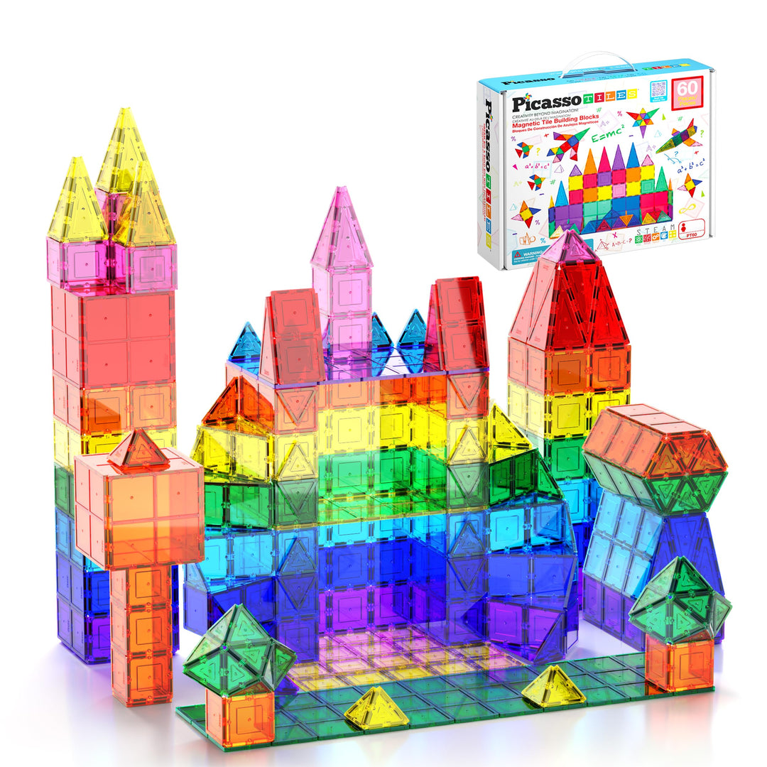PicassoTiles Magnetic Tiles 60pcs Kids Toys Classroom Sensory Toy for Toddlers STEM Learning Buildin