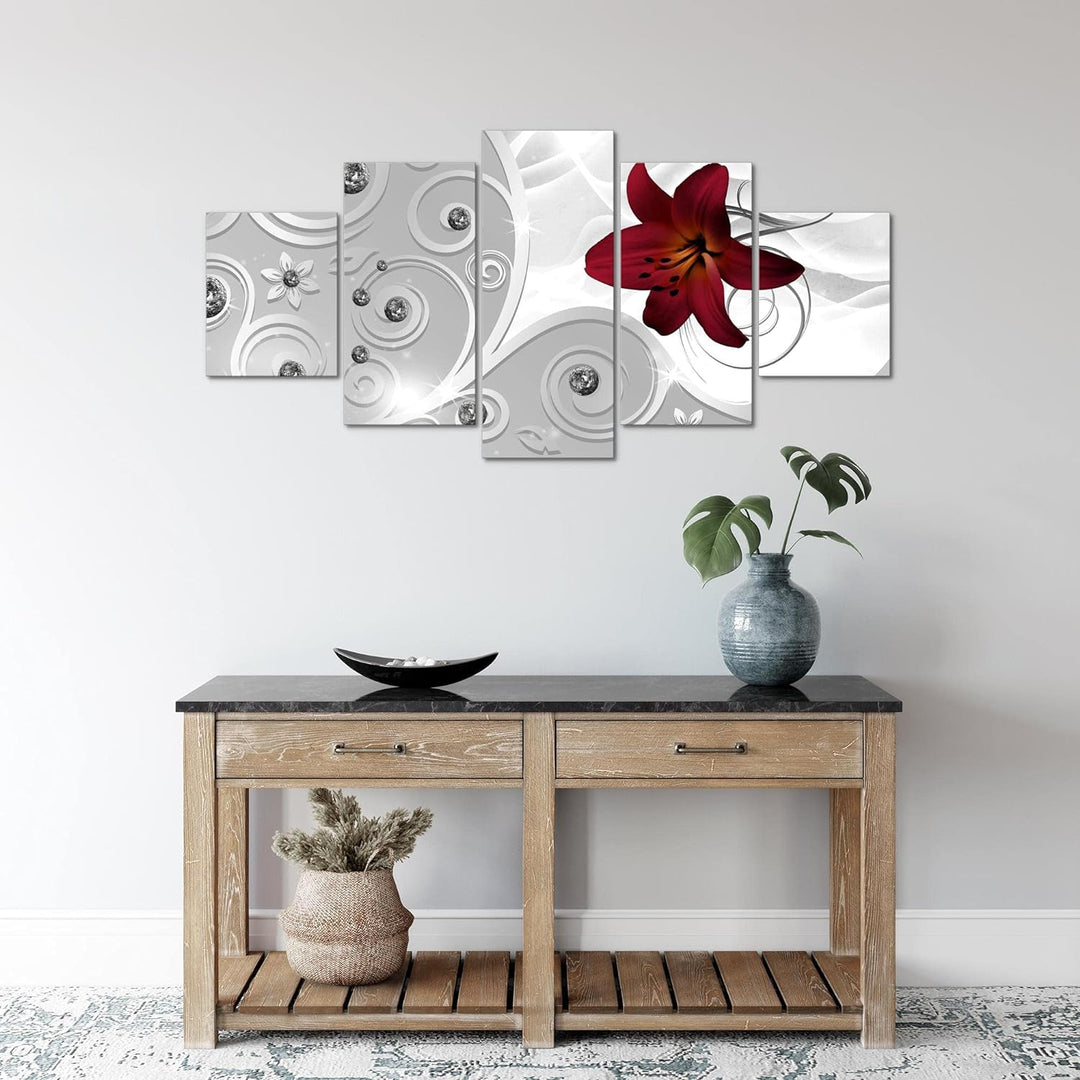 Runa Art Wandbilder Blumen Lilie 5 Teilig Bild auf Vlies Leinwand Deko Wohnzimmer Ornament Silber Ro