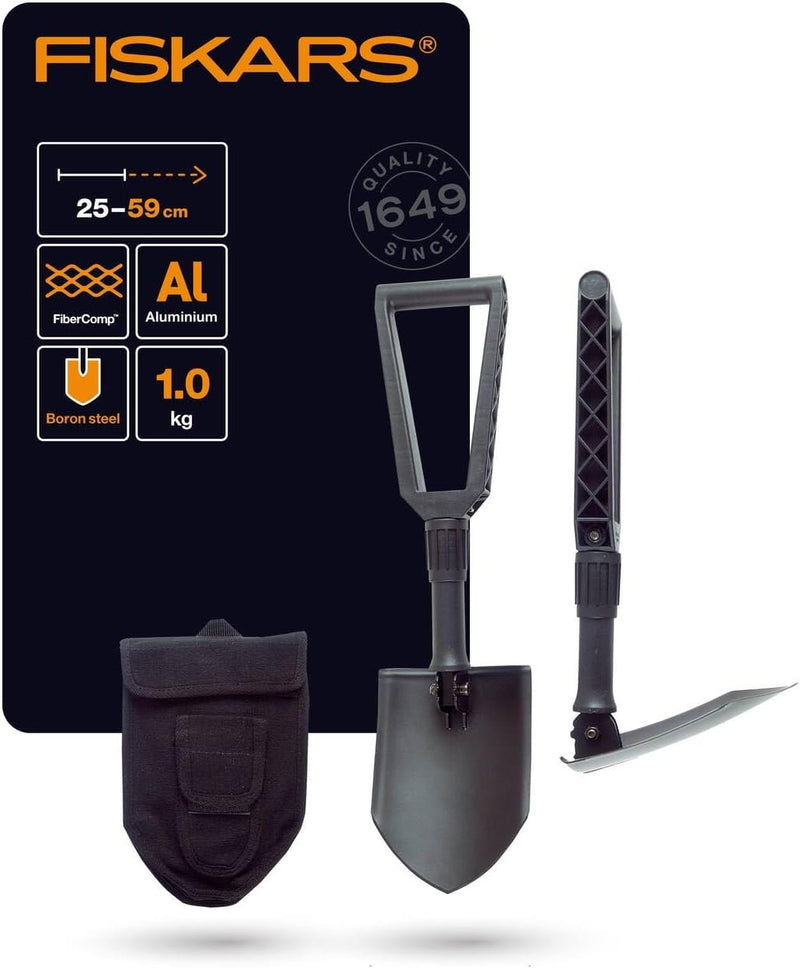 Fiskars Klappspaten für Camper und Bergsteiger, Auch als Schaufel und Hacke einsetzbar, Mit Canvas-T