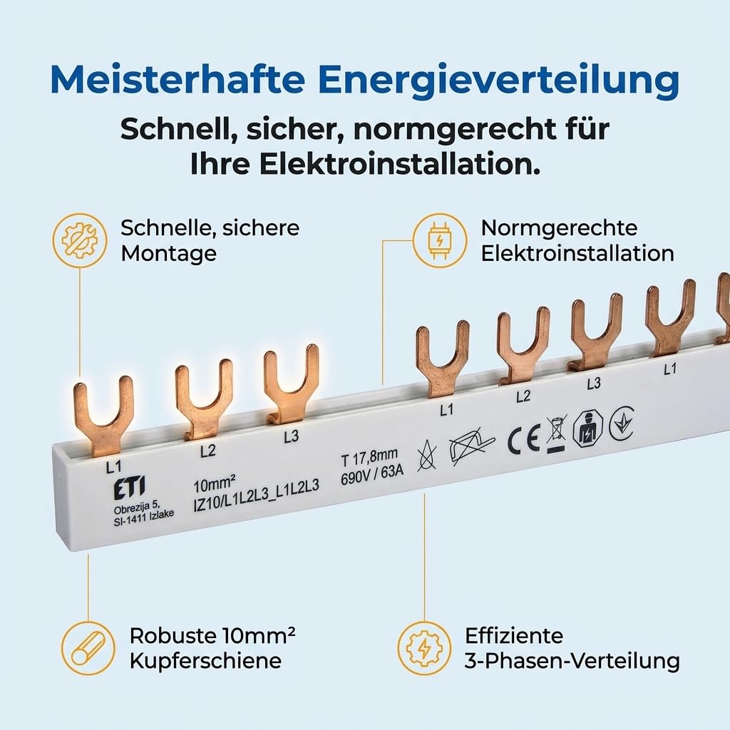 ETI Phasenschiene mit Gabelanschluss 10 mm² - 3-polig - 63A - isoliert - Reihenschiene Sammelschiene