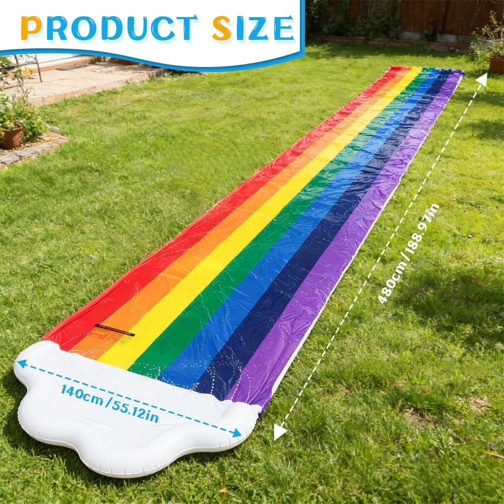 Wasserrutsche Garten für Kinder,480x140CM Regenbogen Doppel Wasserrutschmatte mit 2 Bodyboards 5 Rep