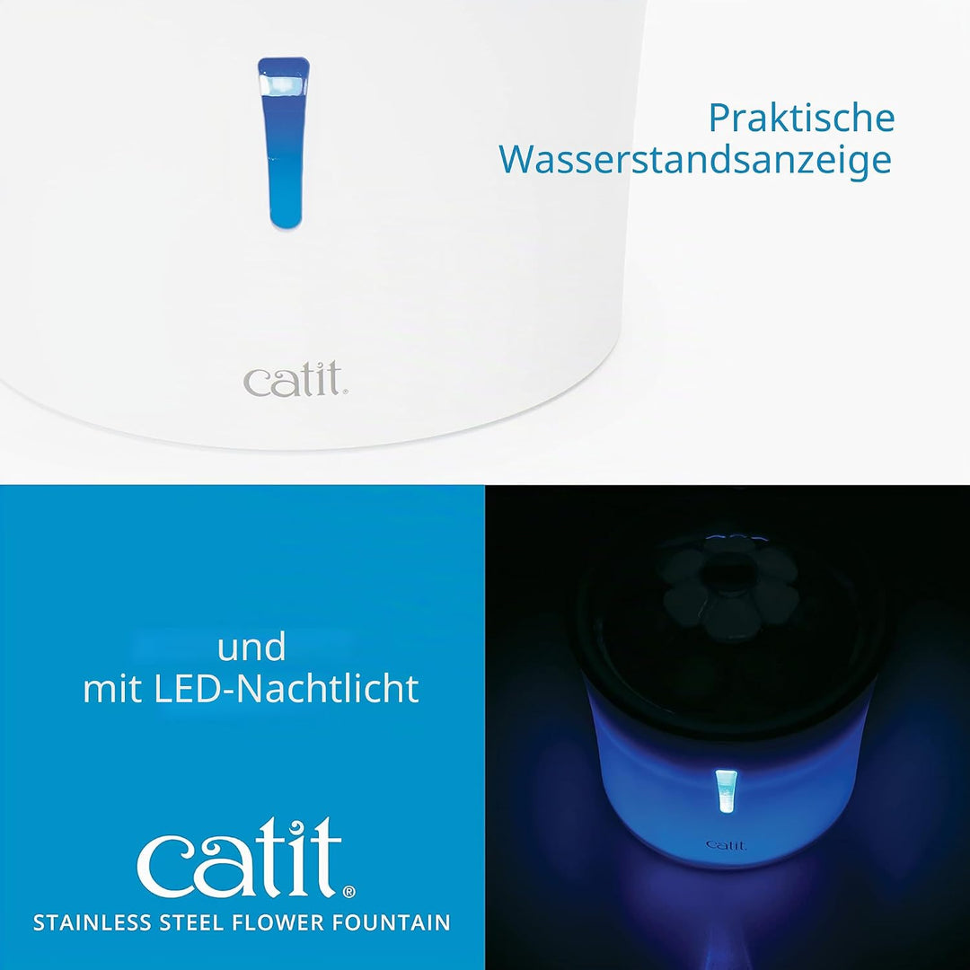 Catit 43725 Flower Fountain, Blumentrinkbrunnen mit Edelstahleinsatz, für Katzen, 3L, weiss/Edelstah