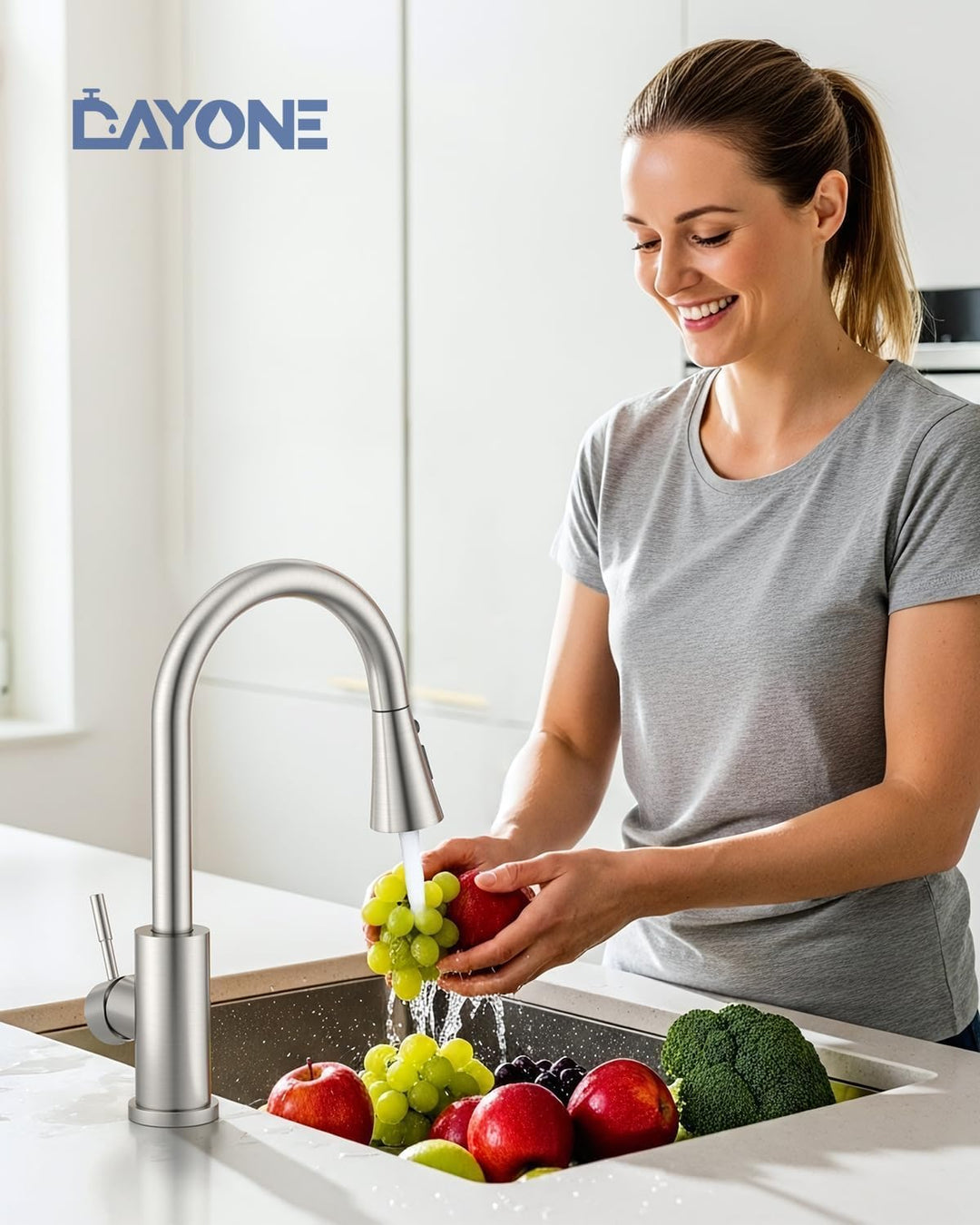 DAYONE Niederdruck Küchenarmatur, Ausziehbarer Wasserhahn mit 3 Strahlarten, Wasserhahn Küche mit 3