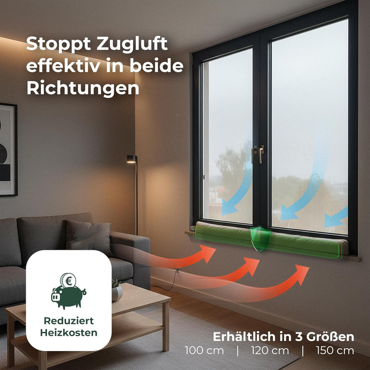 Zugluftstopper für Fenster 120cm Natur Schurwolle – stoppt Zugluft &amp; Kälte, dämpft Lärm/Staub/Licht,
