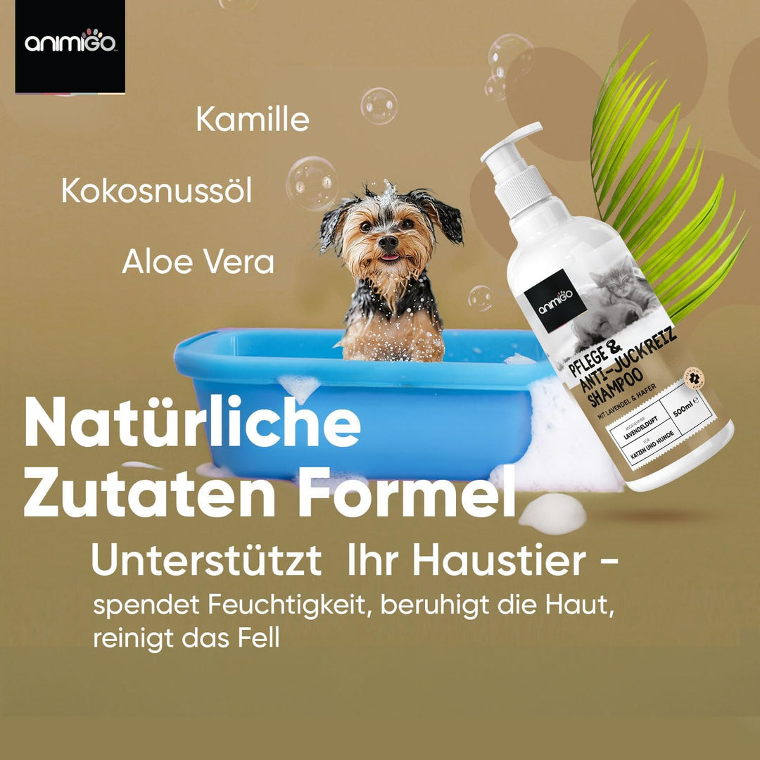 animigo Pflege & Anti-Juckreiz Shampoo - Für Haut, Fellpflege, Juckreiz - 500ml Hunde & Katzenshampo
