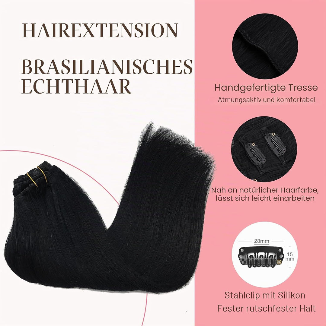 GOO GOO Clip in Extensions Eechthaar, 40cm 120g 7pcs, 1 Tief Schwarz, Remy Clip in Haarverlängerung