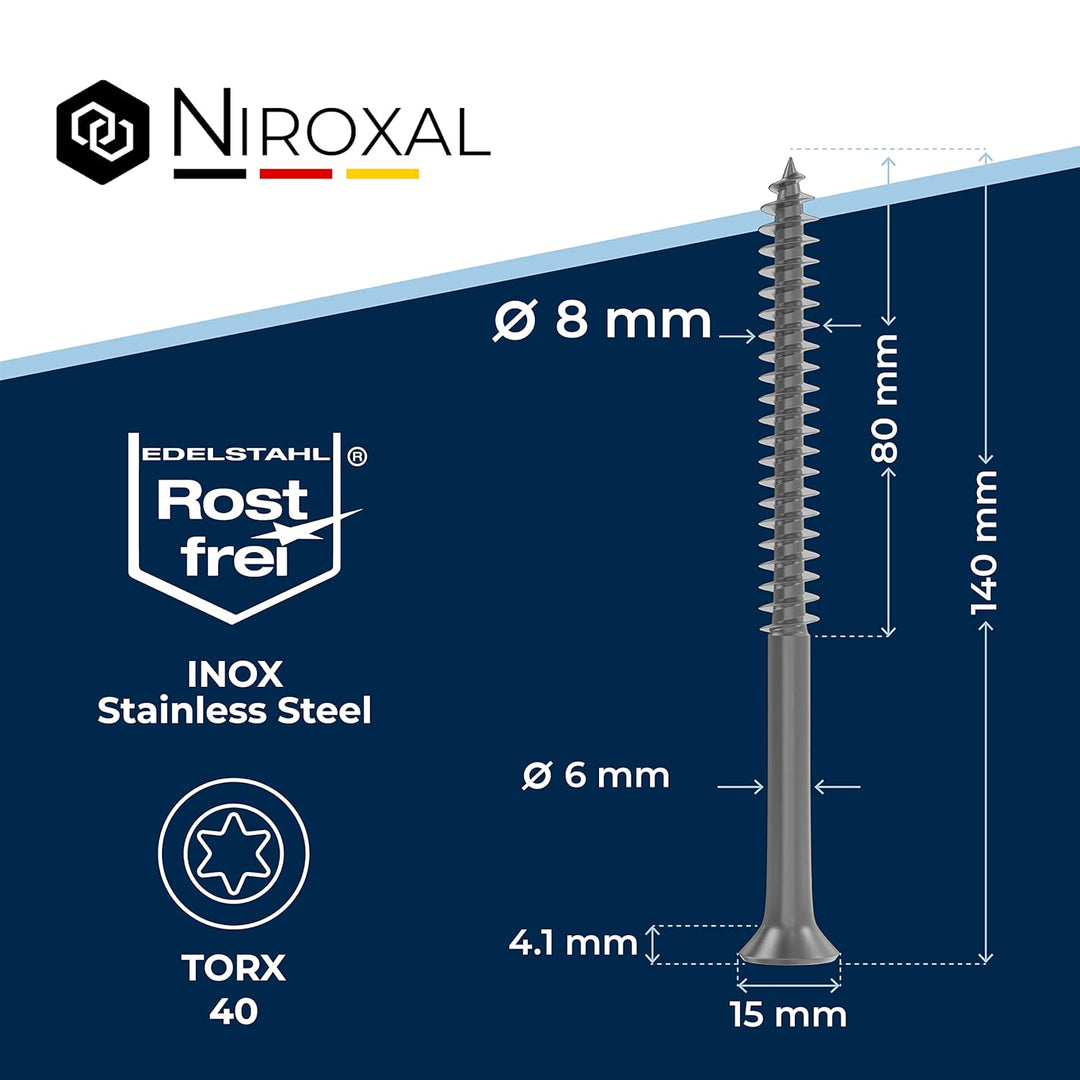 Edelstahlschrauben Torx Holzschrauben 8x120 Edelstahl V2A rostfrei Spanplattenschrauben für Holz Tei