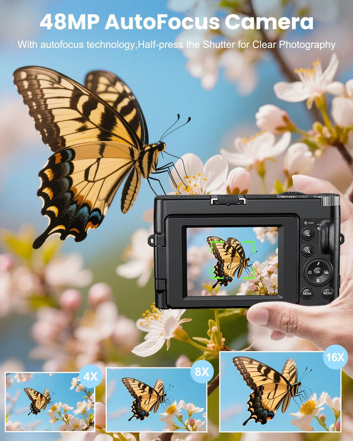 CAMKORY 4K Digitalkamera 48MP Kompaktkamera Fotokamera Autofokus mit 180° Flip-Bildschirm,16X Digita