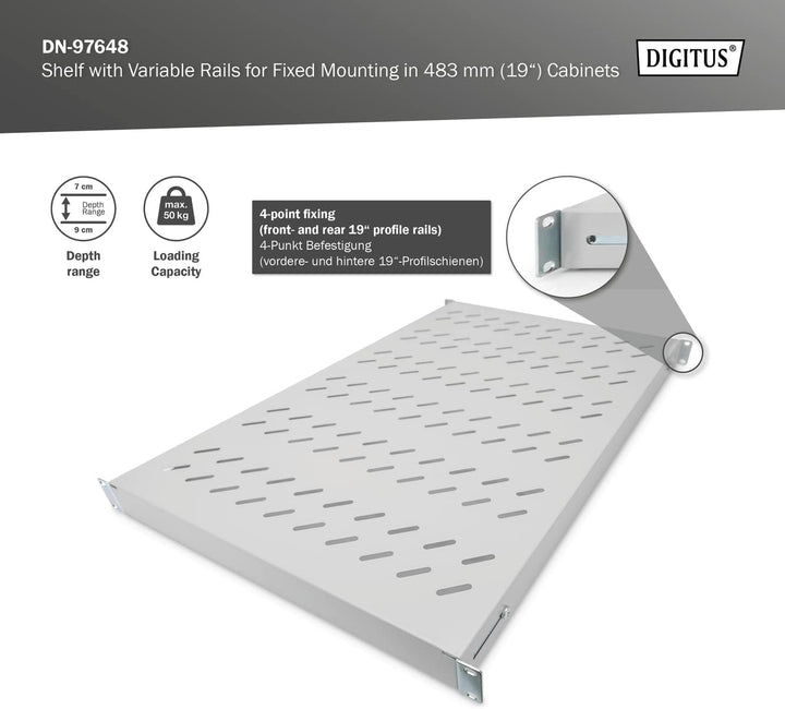 DIGITUS Professional DN-97648 - Fachboden mit variabler Tiefe zum Festeinbau in 19" Schränke - Tragl
