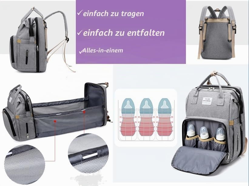 Multifunktionaler Rucksack mit faltbarem Schlafbereich, verstärkte Nähte, ergonomische Gurte, GRAU,