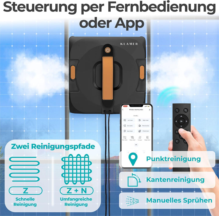 KLAMER Fensterputzroboter 3500 Pa – automatischer Fensterreiniger mit 100 ml Doppelwassertank, Nassr