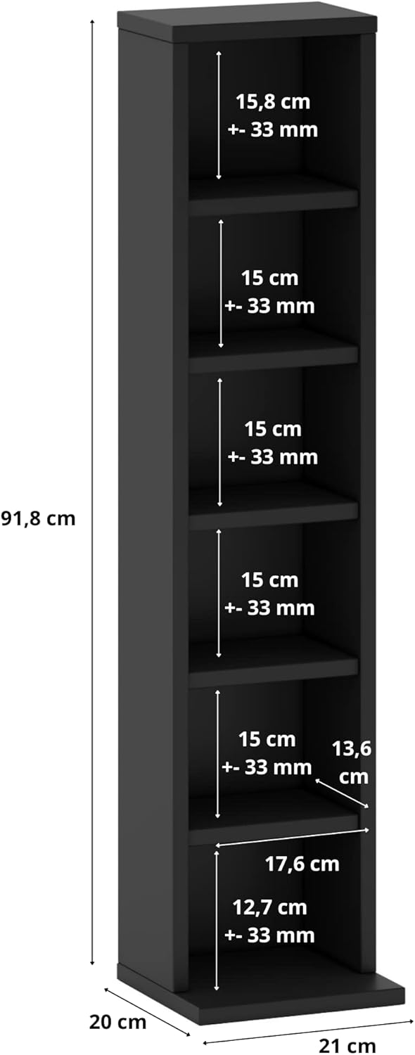 Media Tower CD DVD Regal 102 CDs lub 36 DVDs/Blue Ray (Schwarz, 20x21x91.8) Schwarz 20 x 21 x 91.8,