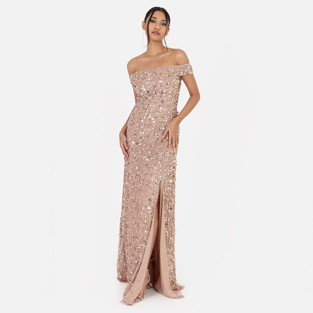 Maya Deluxe Damen Ladies Maxi with Slit Split Bardot Sleevless Sequin Embellishment Evening Gown for