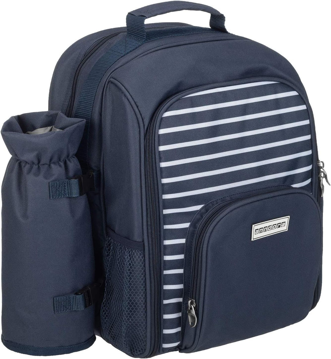 anndora Picknickrucksack 15 TLG. Zubehör + Picknickdecke blau-weiss gestreift Navy Blau Weiss Set