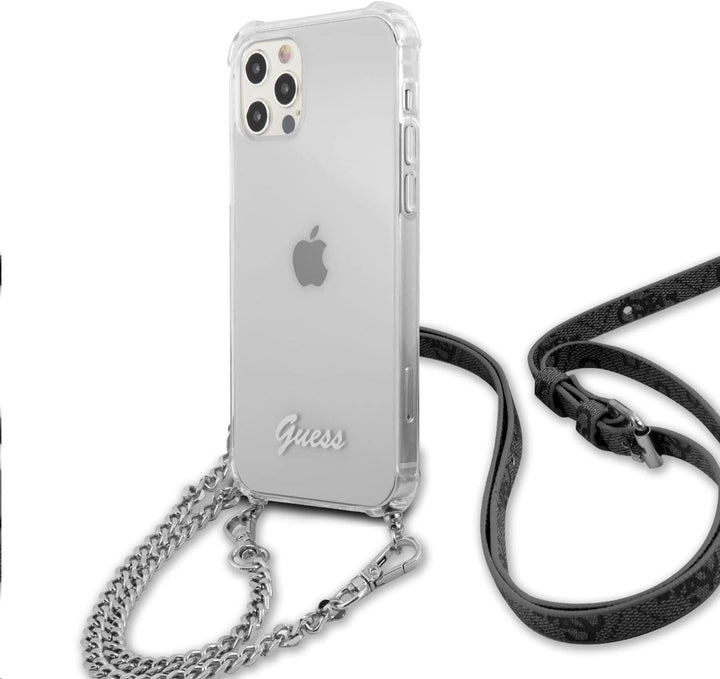 Guess Schutzhülle mit Kette Silber 4G Chain and Script für iPhone 12 / iPhone 12 Pro, transparent