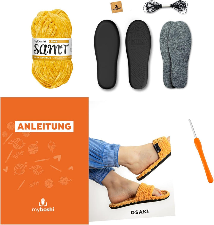 myboshi Häkelset Boshilette Osaki, für Anfänger, inkl. Botties Sohlen-Set, Samt Wolle, Häkelnadel, A