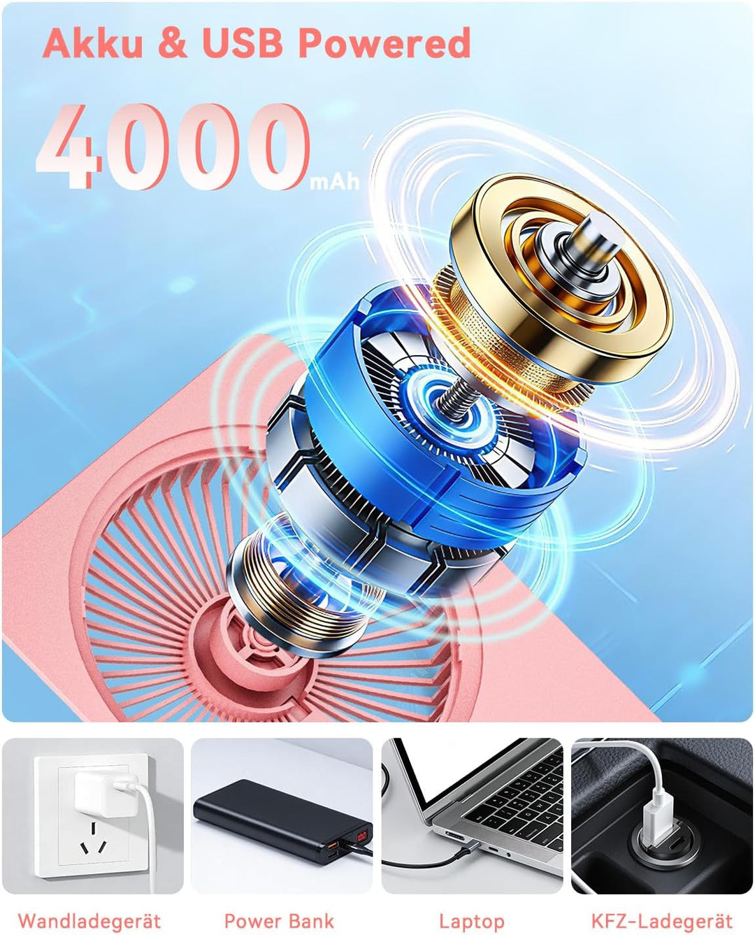 Klein Tischventilator,Leise Ventilator Akku 4000mAh 100 Geschwindigkeiten 180°Einstellbar Tragbarer