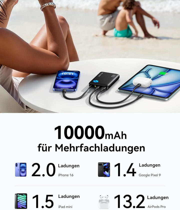 INIU 45W Power Bank, Mini-Grösse 10000mAh PowerBank mit Integriertem USB-C Kabel, Schnellladen Exter