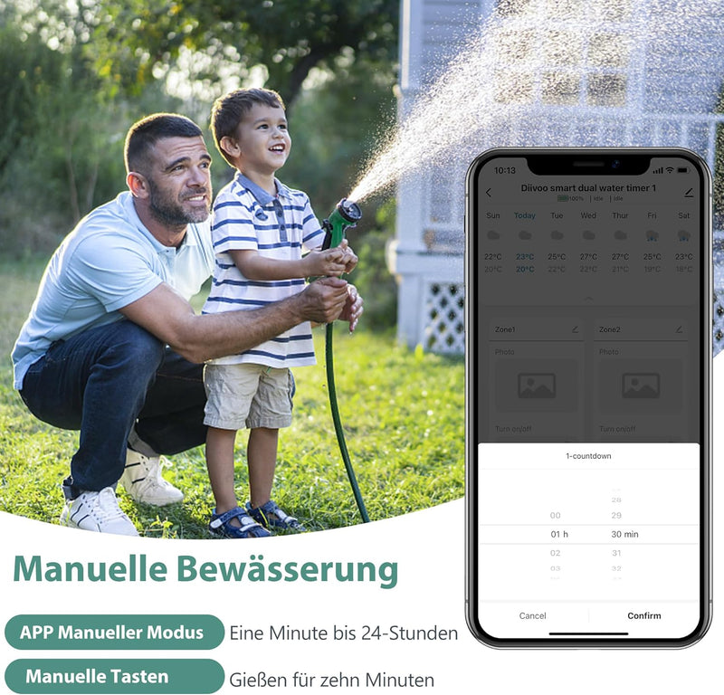 Diivoo Bewässerungscomputer WLAN 2 Ausgänge, Smart Bewässerungsuhr für Garten Bewässerung kompatibel