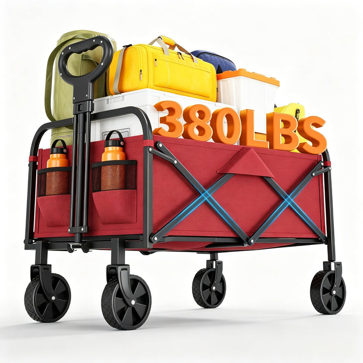 Faltbarer Bollerwagen 220L, 172kg Traglast, Rot | 360° Geländeräder mit Bremse, Stahlrahmen aus 600D