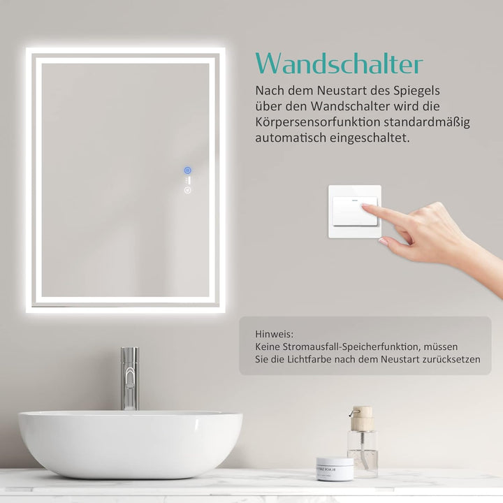 EMKE Sensor Spiegel mit Beleuchtung 80x60cm LED Badspiegel mit Bewegungssensor, Touch, Beschlagfrei,
