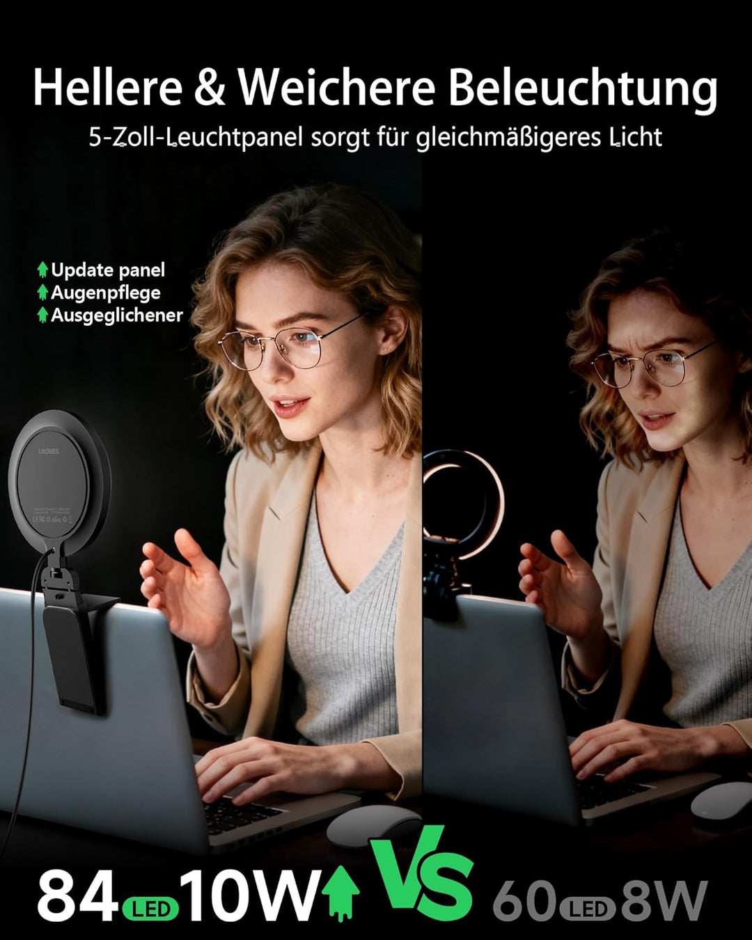 2 Stück Ringlicht Laptop 5" Videokonferenz Licht,LitONES Premium Streaming-Licht mit 5 Lichtfarben+1