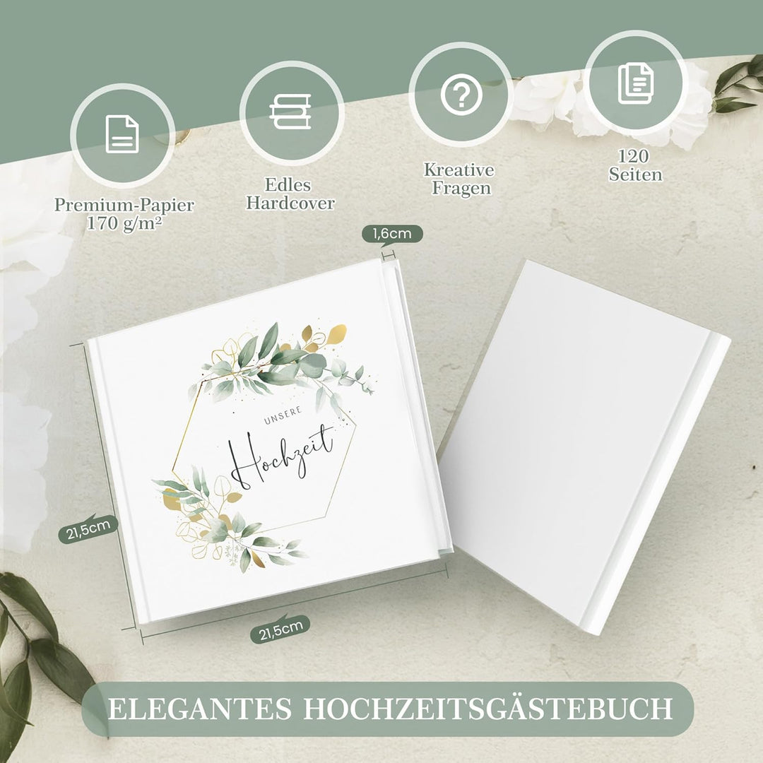 Marvelights Hochzeitsgästebuch, Gästebuch Hochzeit, 120 Seiten Blanko, Hardcover mit Goldprägung, ho
