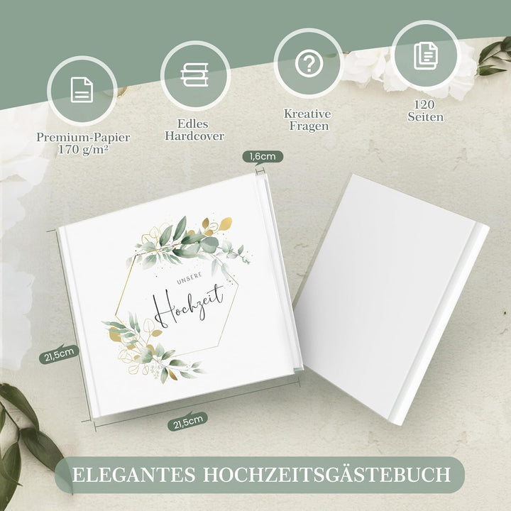 Marvelights Hochzeitsgästebuch, Gästebuch Hochzeit, 120 Seiten Blanko, Hardcover mit Goldprägung, ho