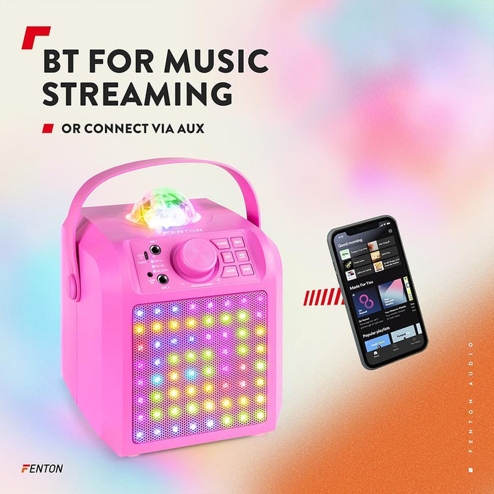 Fenton KAR55P – Musikbox Kinder Karaoke Anlage mit 2 Mikrofonen, Jelly Ball LED-Discolicht, Bluetoot