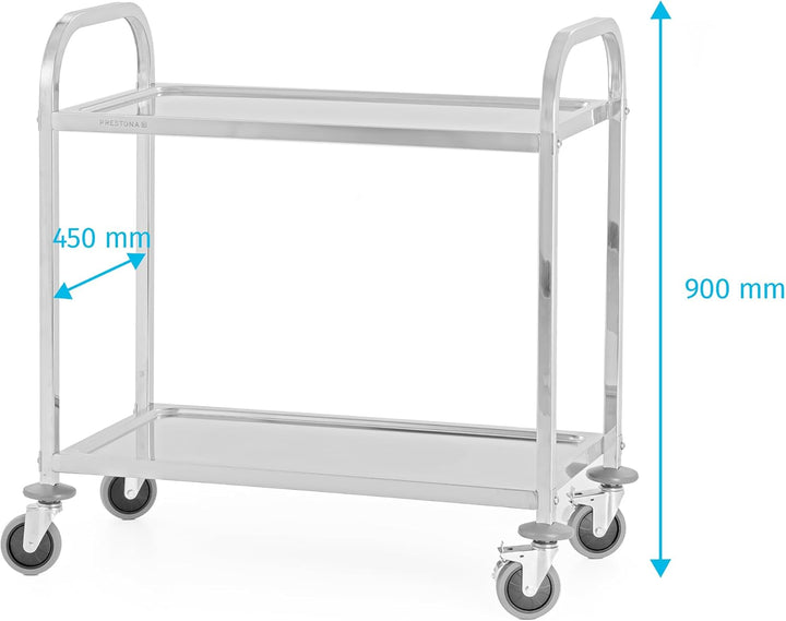 TECHNICA PRESTONA Servierwagen Edelstahl 2 Etagen mit Rollen & Bremse Quadratischer Griff 850x450x90