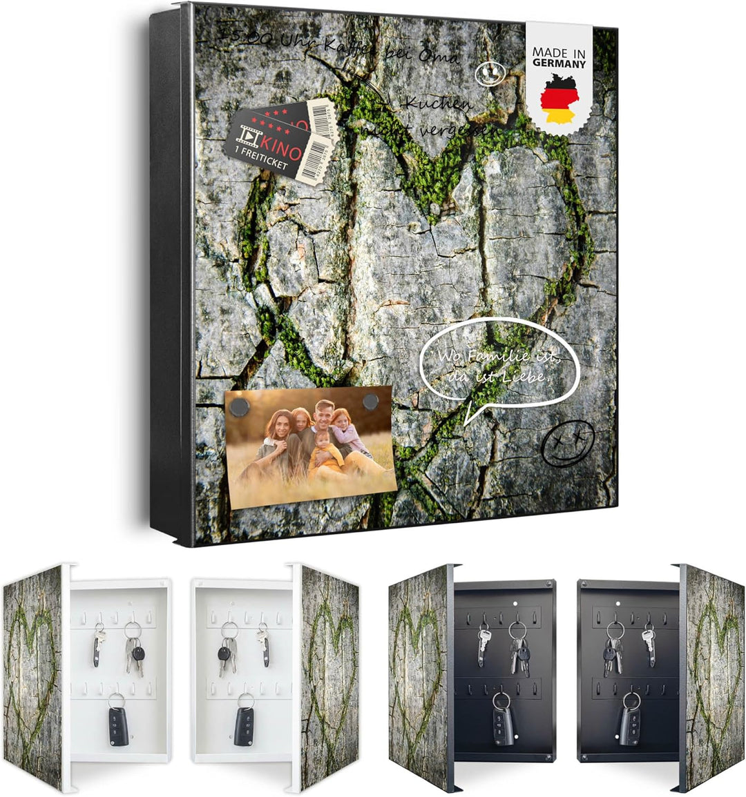 banjado® Grosser Schlüsselkasten Glas/Schlüsselbox 30cm x 30cm mit 50 Haken - Motiv Herz Aus Moos/Sc