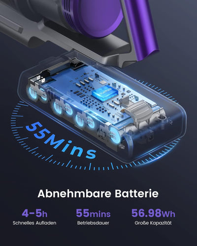 HONITURE Akku Staubsauger Kabellos mit 38000PA Starker Saugleistung, Kabelloser Staubsauger Akku Bis