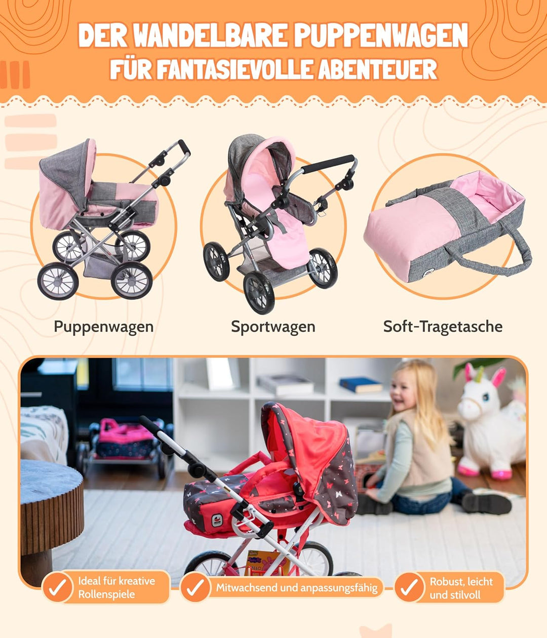 Bayer Chic 2000 - Puppenwagen Leni, 2in1 Kombipuppenwagen mit herausnehmbarer Tragetasche, Jeans pin