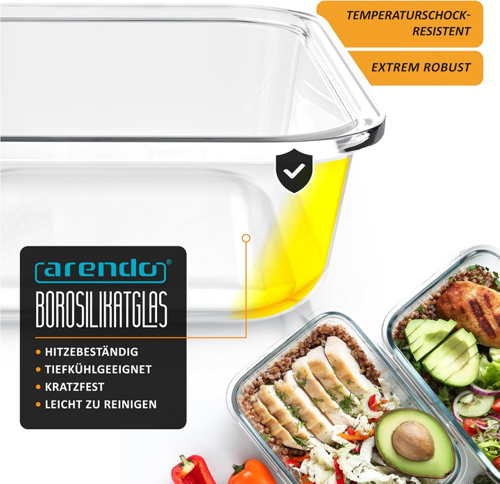 Arendo - Lunchboxen Glas - Frischhaltedosen für Lebensmittel mit Deckel luftdicht - 2er Set - 1520 m
