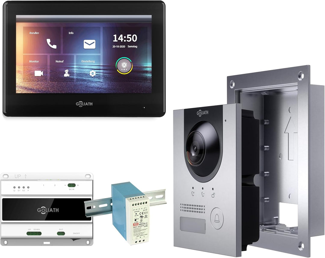 GOLIATH Full-HD Video Türsprechanlage, Unterputz Türstation in Silber, 1 Familienhaus Set, Touchscre