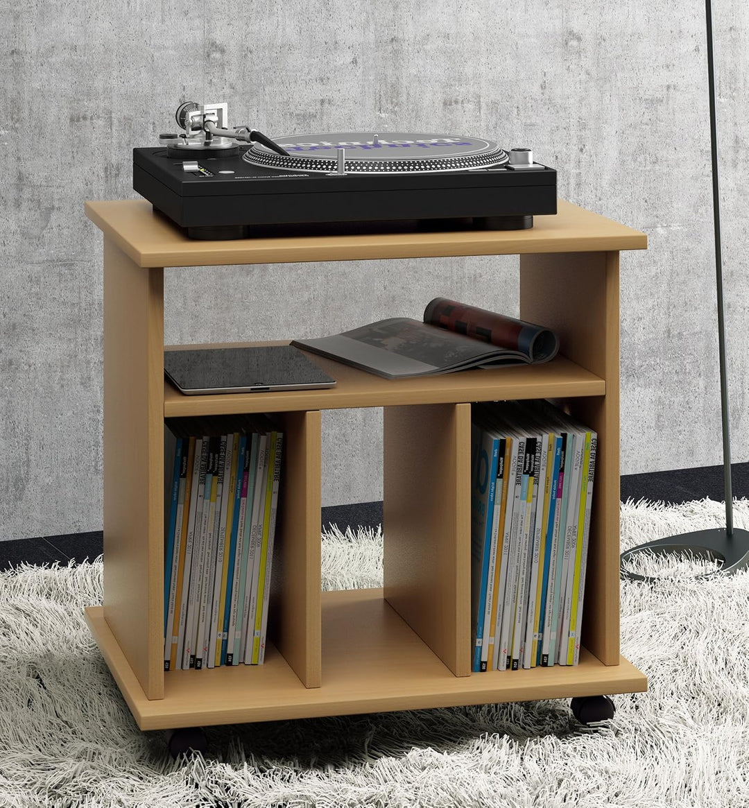 VCM Holz Schallplatten LP Regal Schrank Mediaregal Aufbewahrung rollbar Rollen Retal Buche, Buche