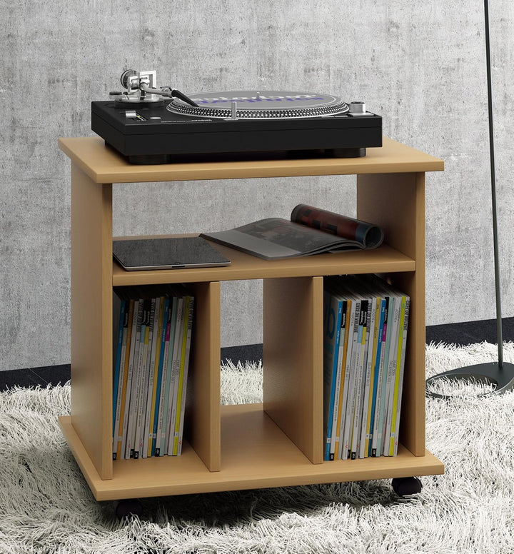 VCM Holz Schallplatten LP Regal Schrank Mediaregal Aufbewahrung rollbar Rollen Retal Buche, Buche