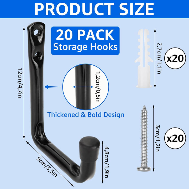 AKOLAFE 20 Stück Garage Leiterhaken 12cm Schwarz Wandhaken Edelstahl 120x 90 mm Schwerlast 20kg Robu