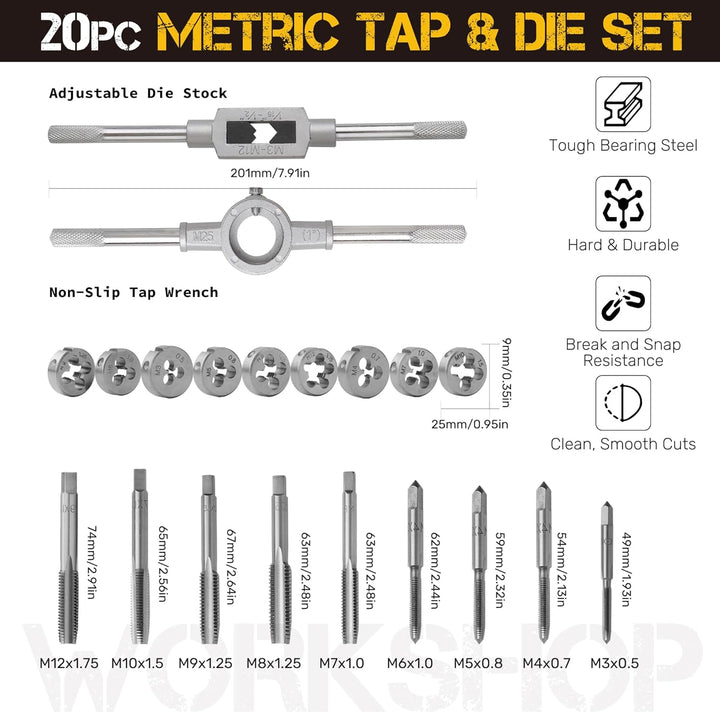 Hi-Spec 20tlg. Gewindeschneid Satz Metrisch M3-M12 mit legiertem Stahl Gewindeschneider und Handgewi