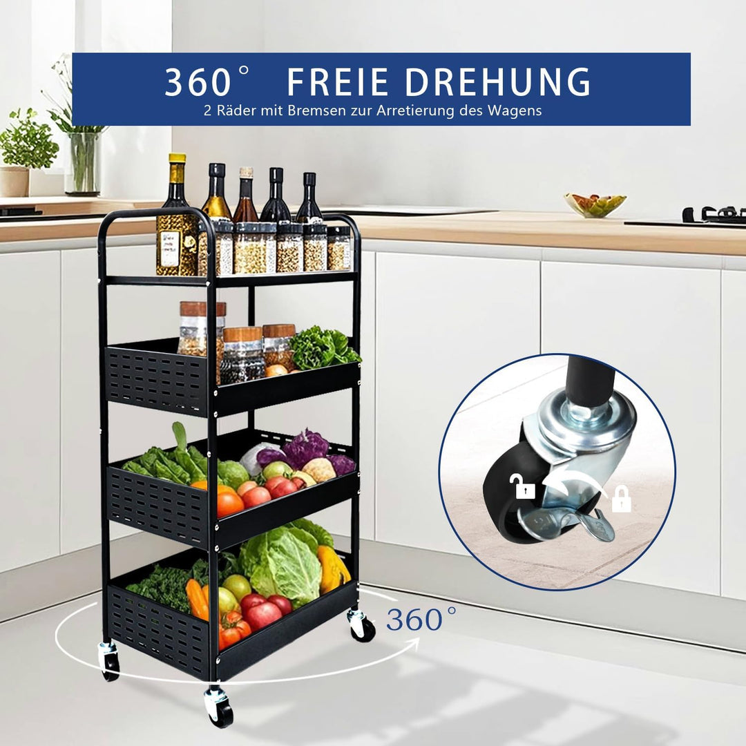 4-stufiger Küchenwagen aus Eisen,30 kg Lastlager,mit mit 360 ° Rotierende Räder|Stabiler Metallwagen